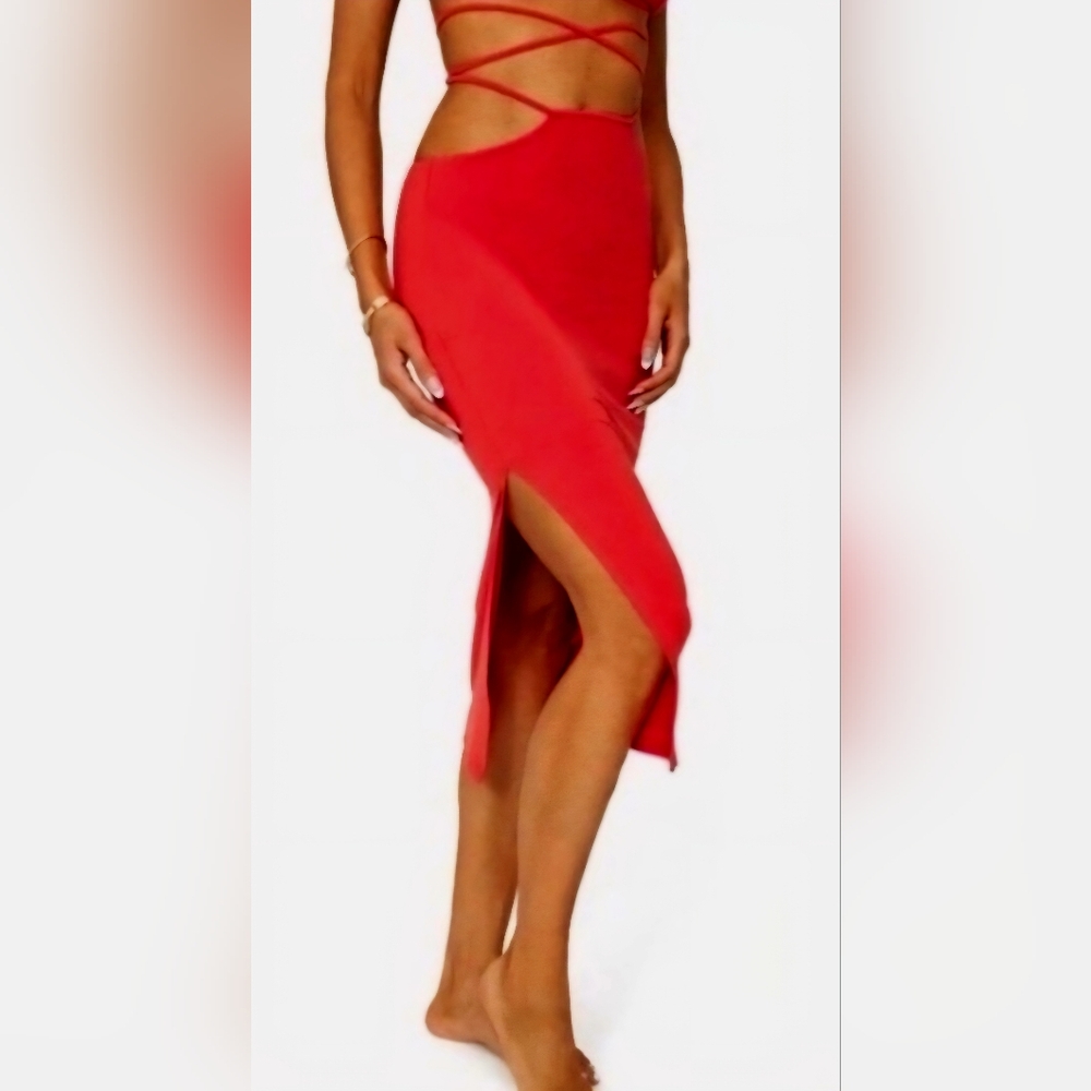 WeWoreWhat by Danielle Bernstein, Red Cut Out Midi Skirt, Medium, NWT